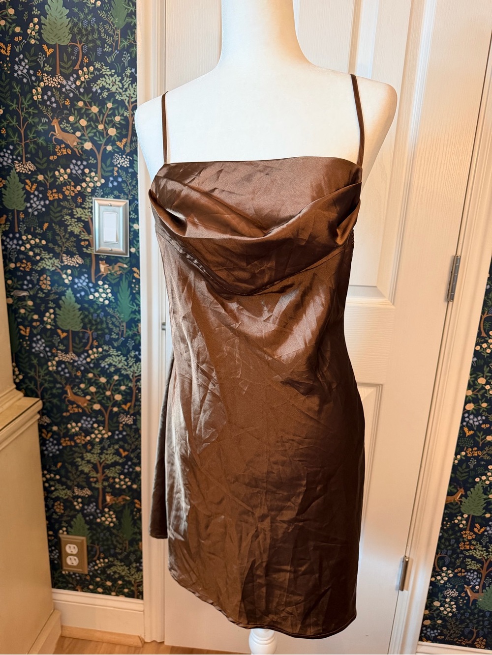 SHEIN Chocolate Brown Satin Cowl Neck Mini Dress